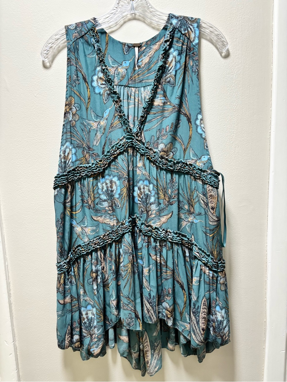 Free People Purple Haze Tunic Top Small Teal Hummingbird Tiered Fairycore Boho